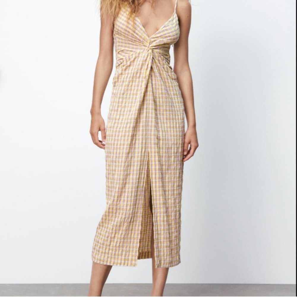 Zara Beige and Yellow Plaid Maxi Dress